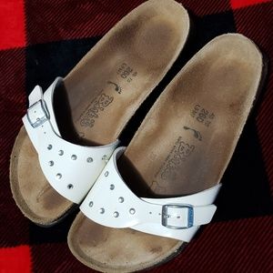 Birkenstock White Sandals with Metallic Accents